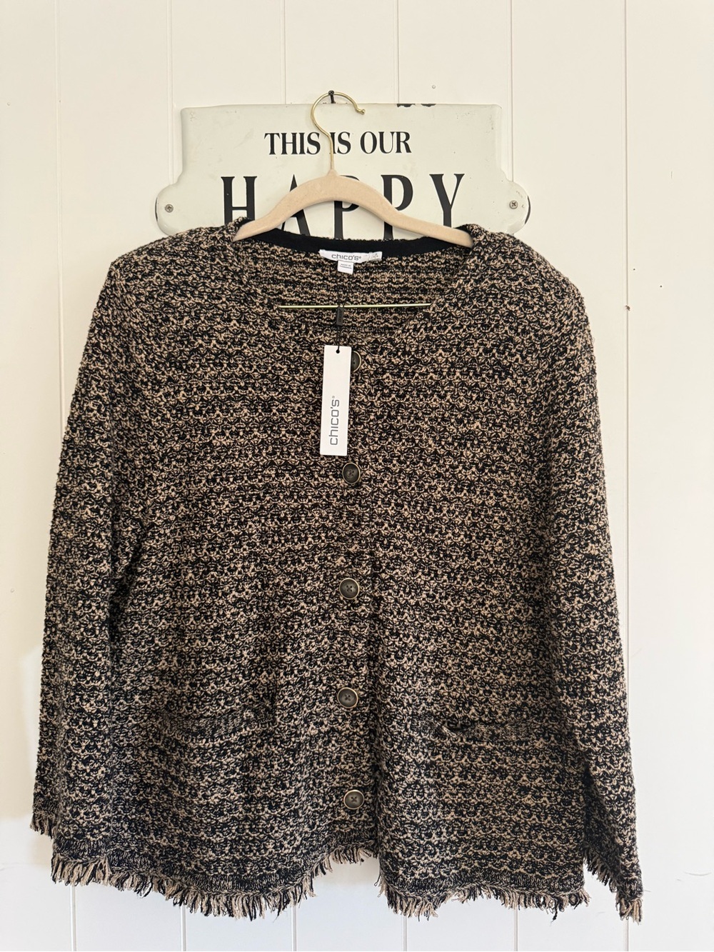 New Chico's Black & Cream Bouclé Fringe-Trim Button Cardigan Large